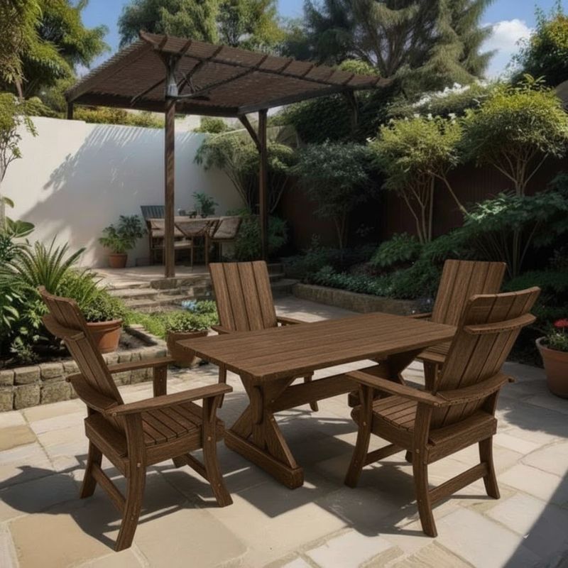 Modern Dining Set for 4 with 5' Table under a wooden canopy in a garden setting - poly luxe - woodgrain brazilian walnut