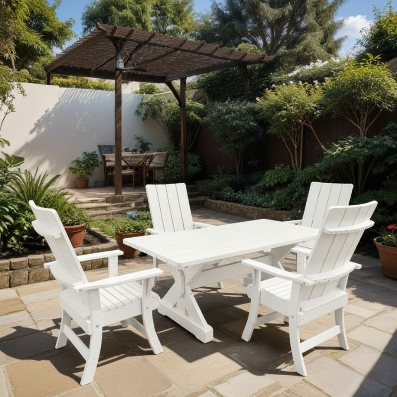 Modern Dining Set for 4 with 5' Table in a garden setting - poly luxe - white