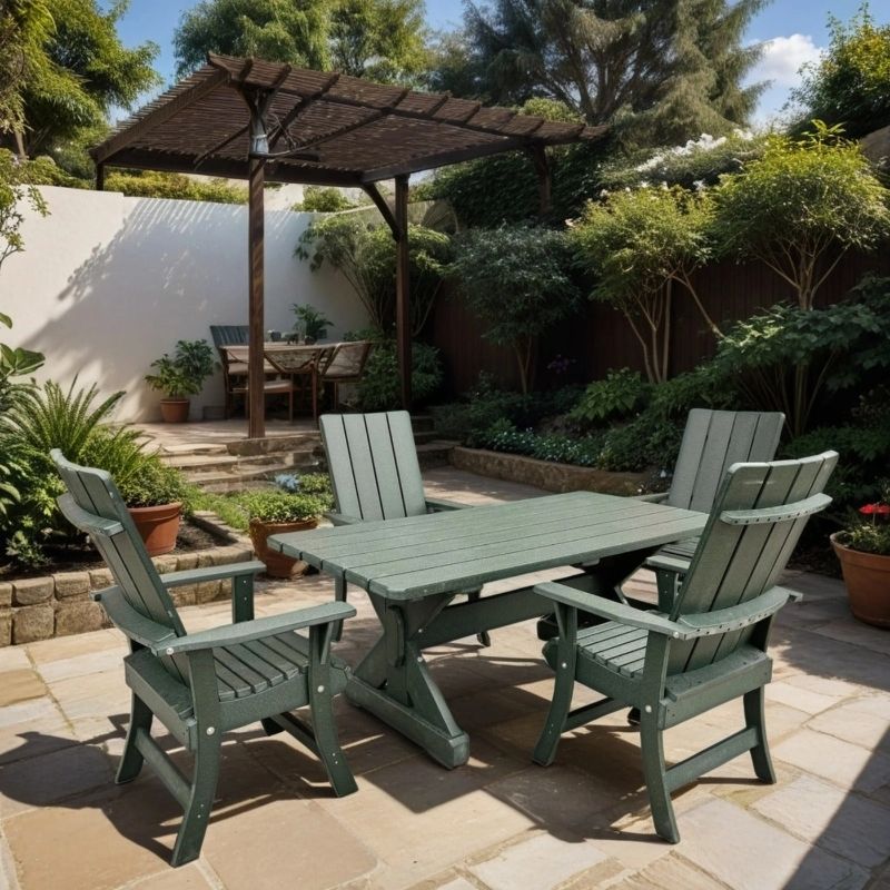 Modern Dining Set for 4 with 5' Table in a garden setting - poly luxe - turf green