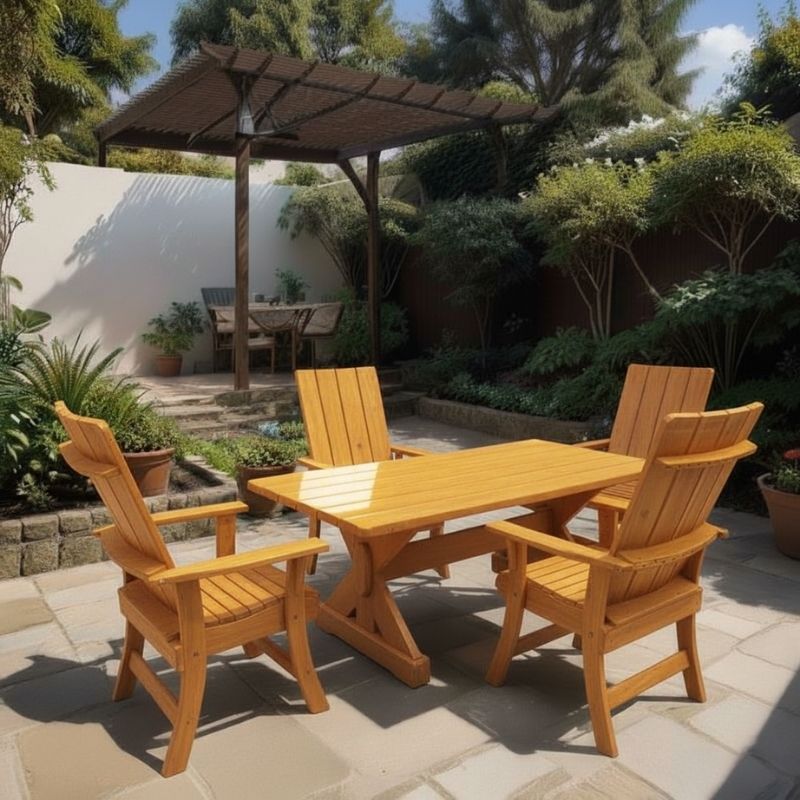 Modern Dining Set for 4 with 5' Table in a garden setting - clear cedar - golden glossy