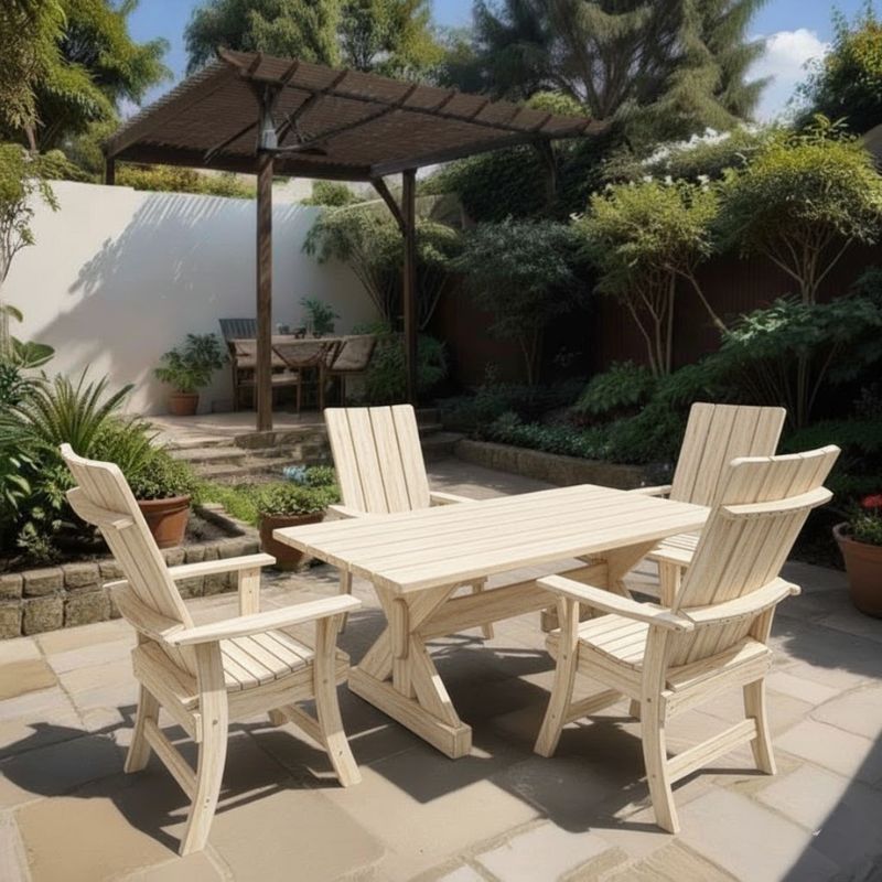 Modern Dining Set for 4 with 5' Table under a wooden canopy in a garden setting - poly luxe - woodgrain birchwood