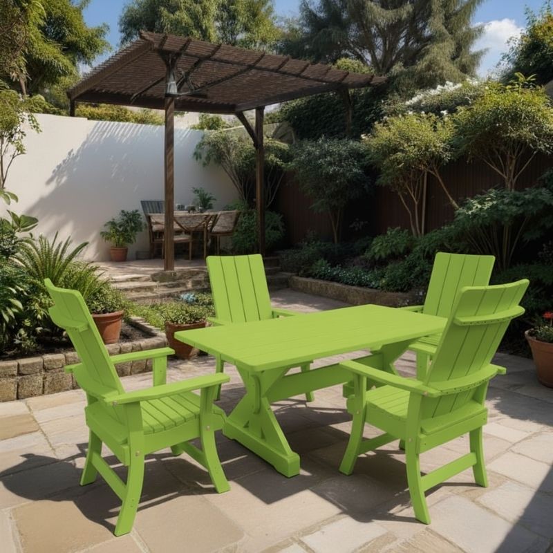 Modern Dining Set for 4 with 5' Table in a garden setting - poly luxe - lime green