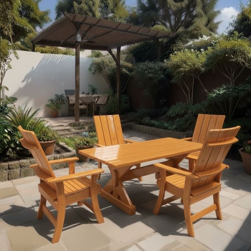 Modern Dining Set for 4 with 5' Table in a garden setting - clear cedar - caramel glossy