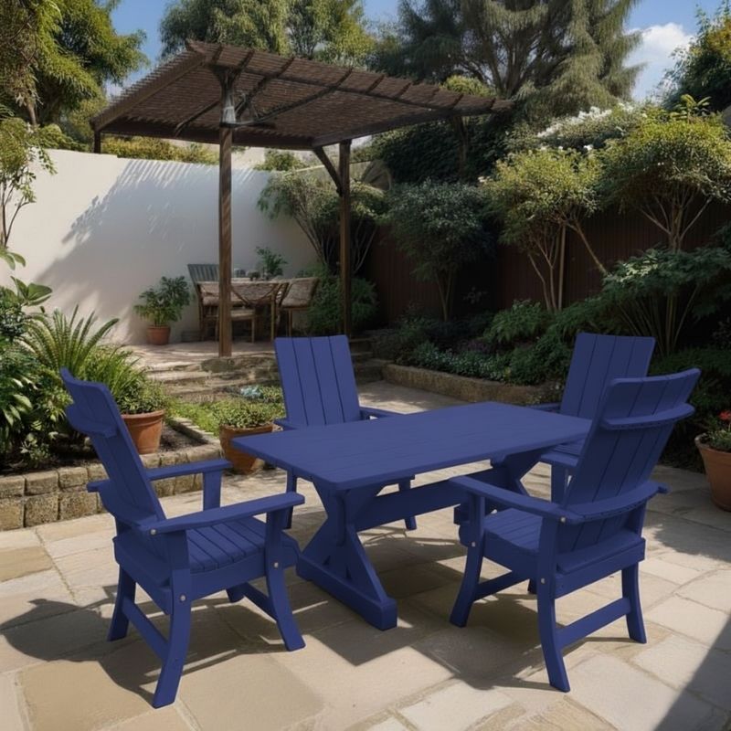 Modern Dining Set for 4 with 5' Table in a garden setting - poly luxe - blue