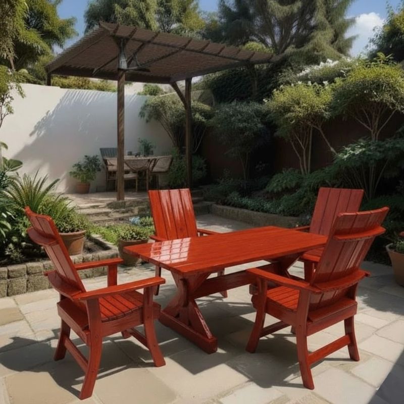 Modern Dining Set for 4 with 5' Table in a garden setting - clear cedar - mahogany glossy