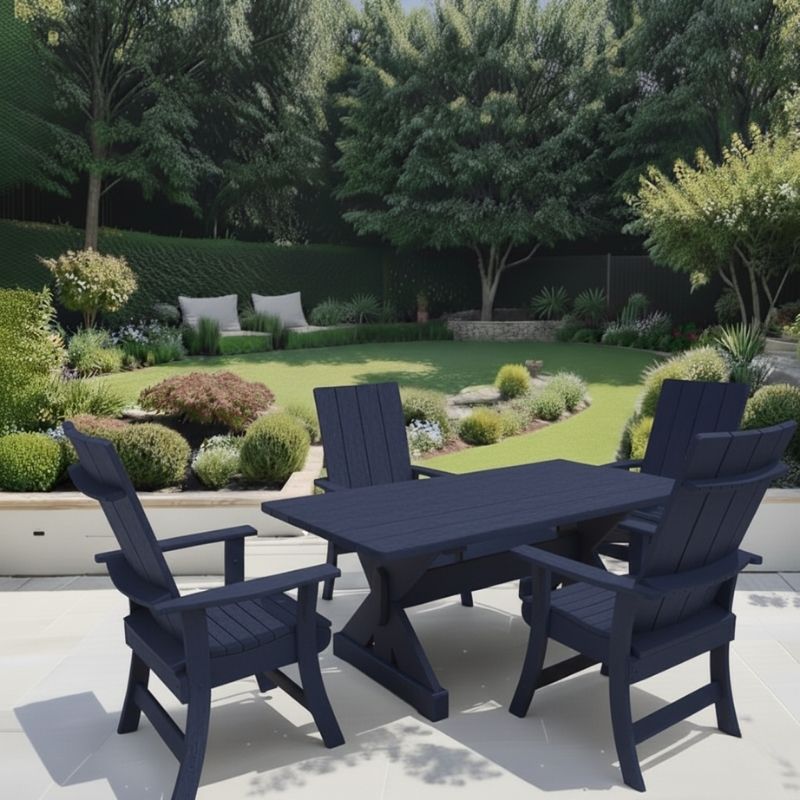 Patriot blue variant of Modern Dining Set for 4 with 6' Table with four chairs in a garden setting.