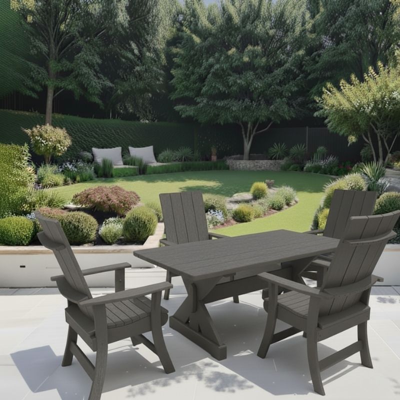 Dark Grey variant of Modern Dining Set for 4 with 6' Table in a garden setting