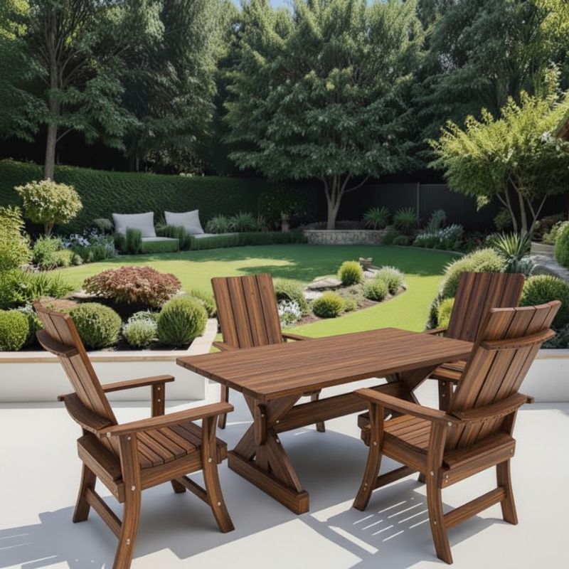Modern Dining Set for 4 with 6' Table in a garden setting - poly luxe - woodgrain brazilian walnut