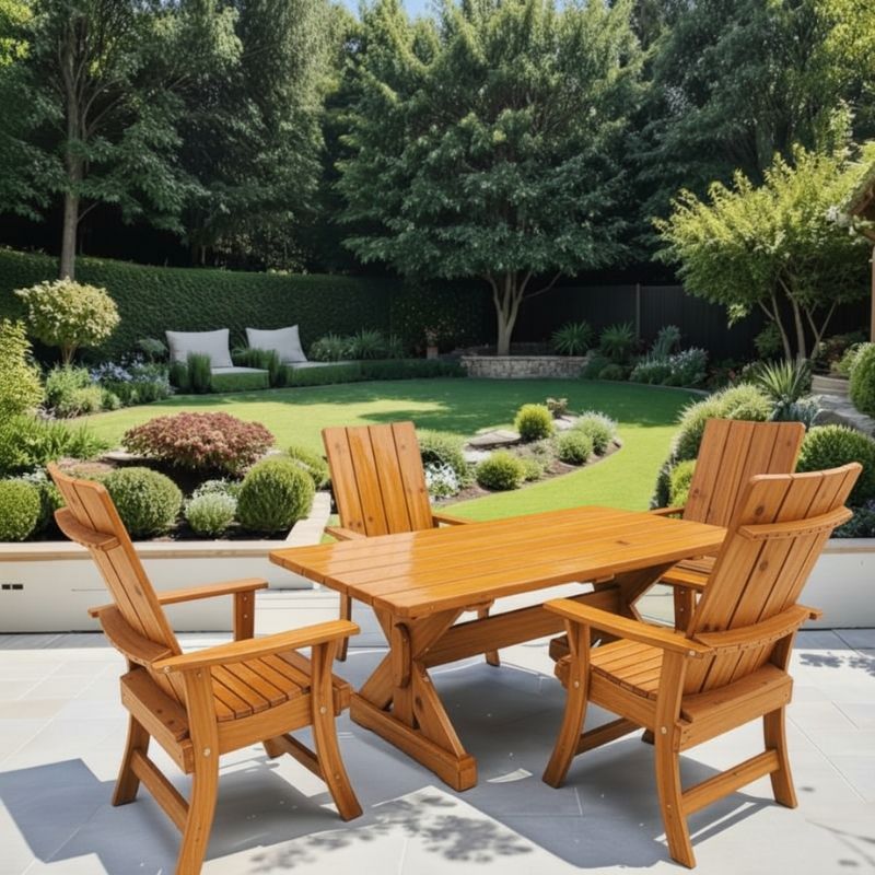 Clear Cedar, Golden Glossy variant Modern Dining Set for 4 with 6' Tableon a patio area with a garden background