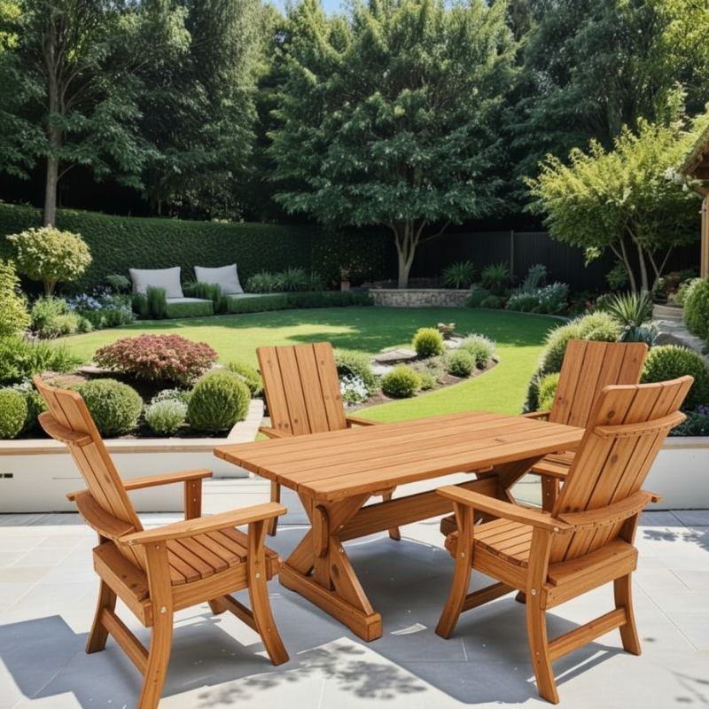 Cedar variant of Modern Dining Set for 4 with 6' Table on a patio, surrounded by a garden.