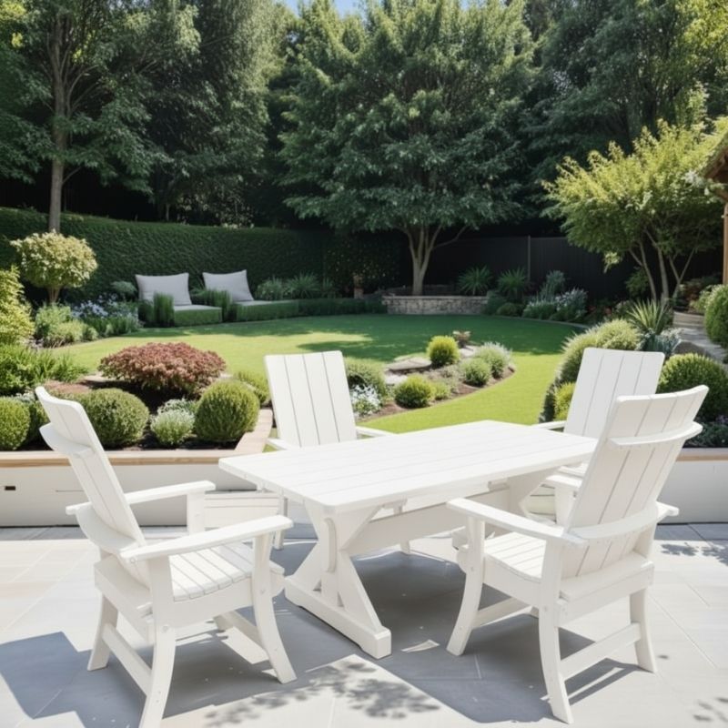 White variant of Modern Dining Set for 4 with 6' Table on a patio, surrounded by a well-maintained garden.