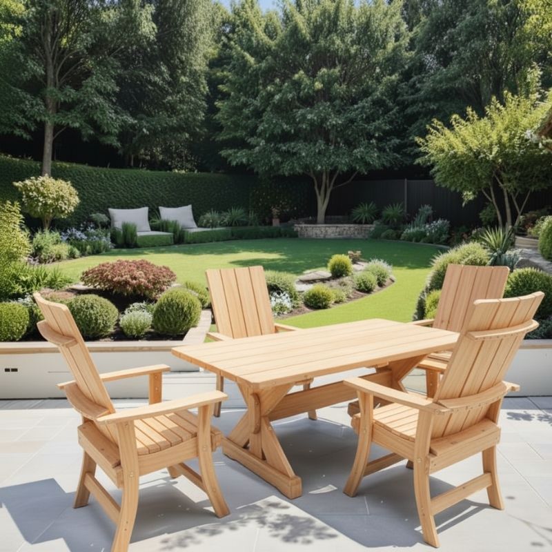 Modern Dining Set for 4 with 6' Table in a garden setting - poly luxe - woodgrain birchwood