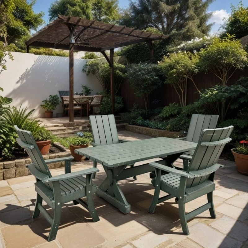 Modern Dining Set for 4 with 6' Tablewith table and chairs on a stone patio, surrounded by plants and trees.