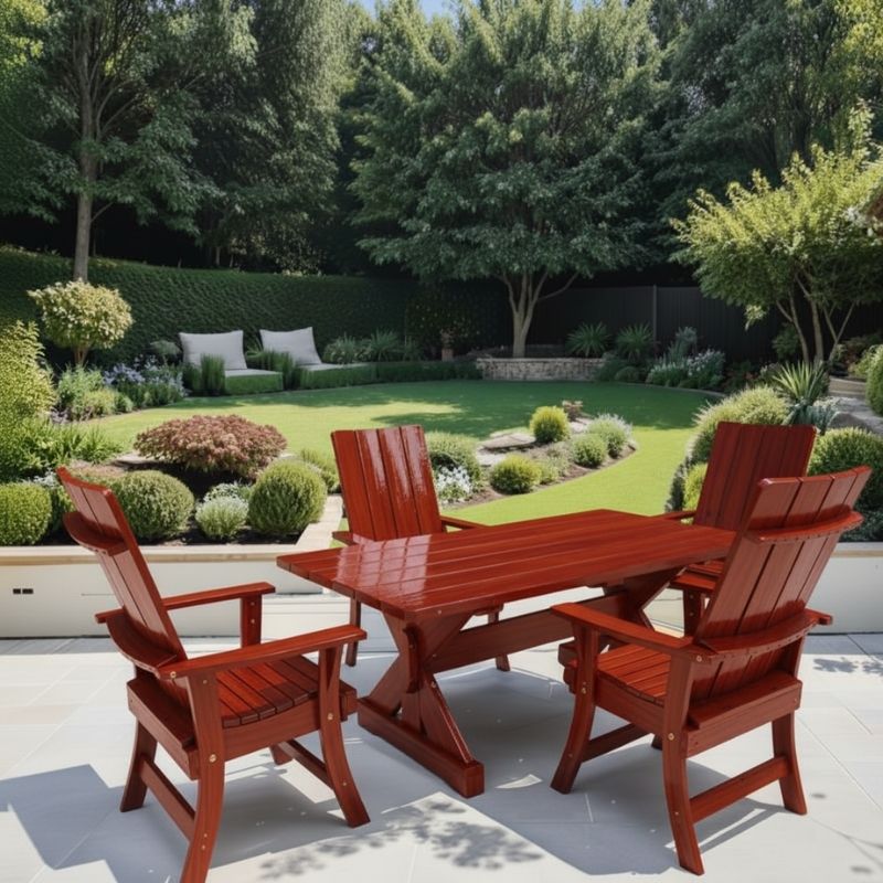 Clear Cedar, Mahogany Glossy variant Modern Dining Set for 4 with 6' Tableon a patio area with a garden background