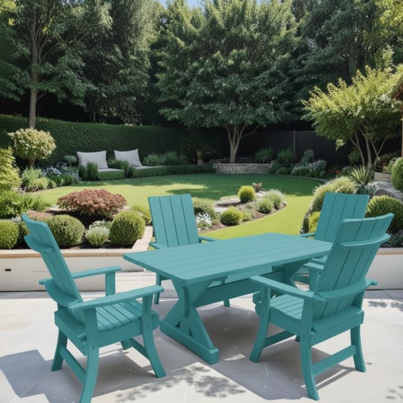 Aruba Blue variant of Modern Dining Set for 4 with 6' Table in a garden setting