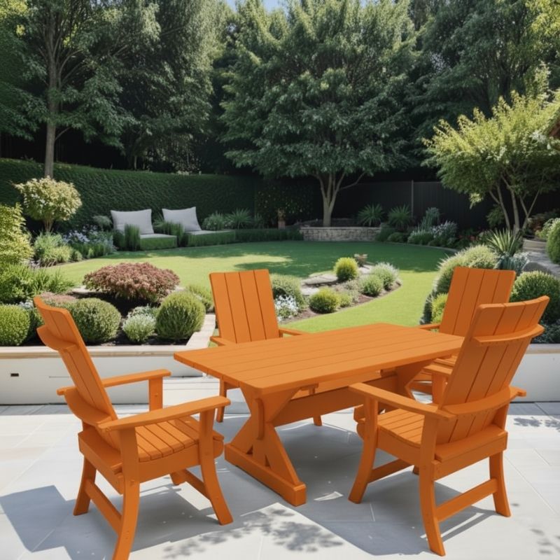 Orange ovariant of Modern Dining Set for 4 with 6' Table on a patio, surrounded by greenery.