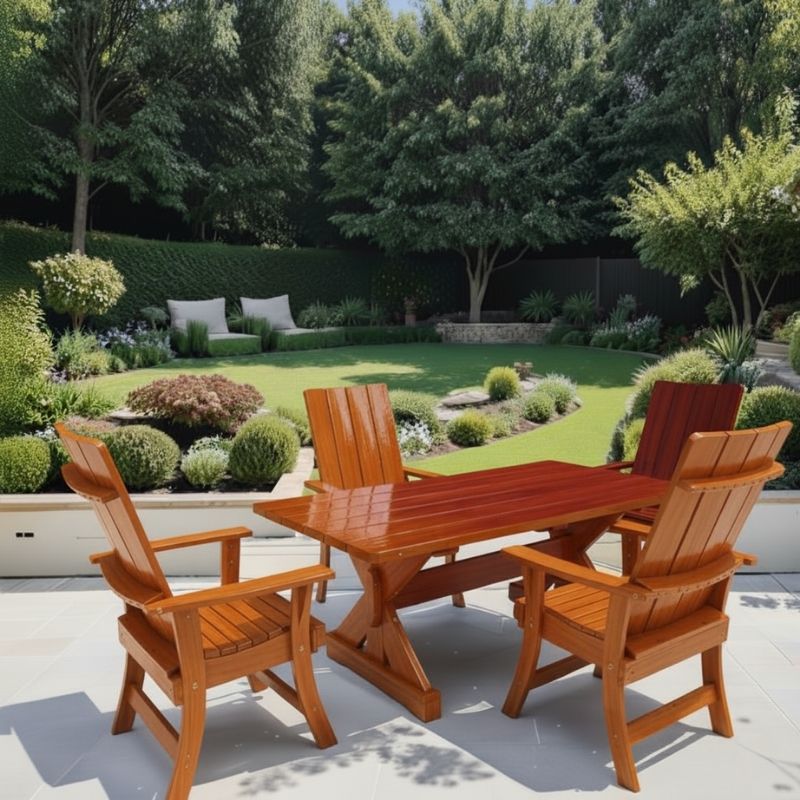 Clear Cedar, Caramel Glossy variant Modern Dining Set for 4 with 6' Tableon a patio area with a garden background
