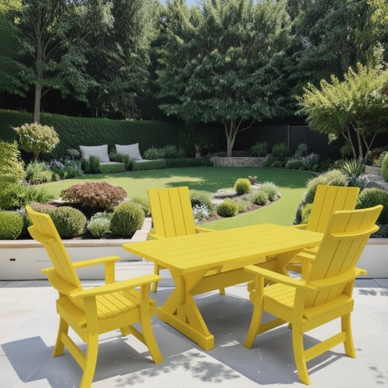 Yellow variant of Modern Dining Set for 4 with 6' Table in a garden with greenery.