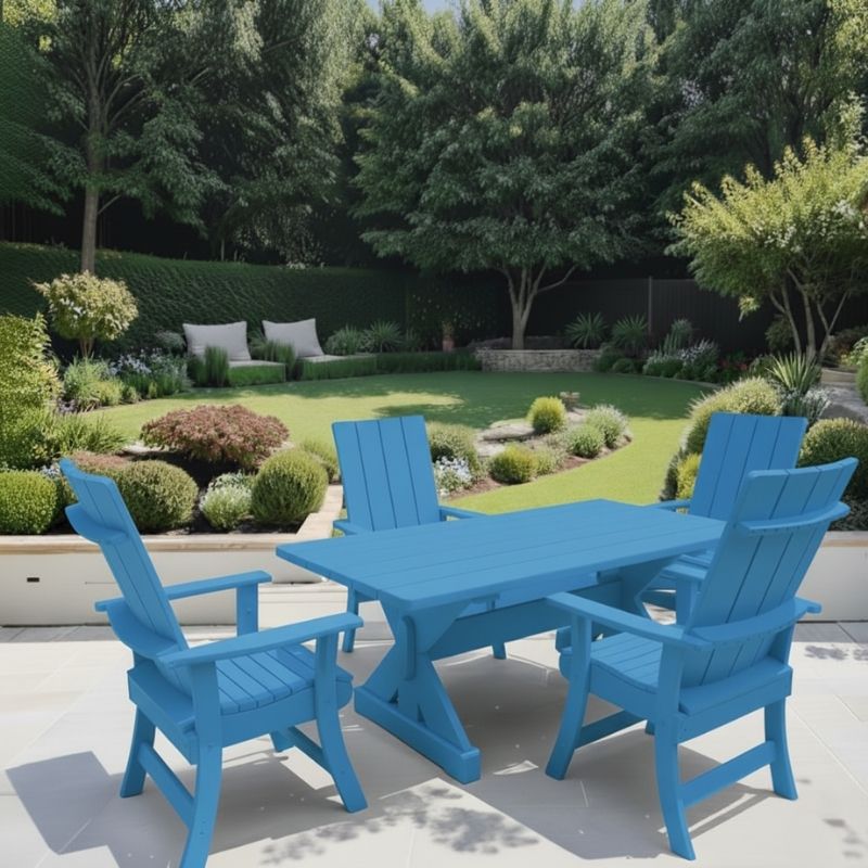 Blue variant of Modern Dining Set for 4 with 6' Table in a garden setting