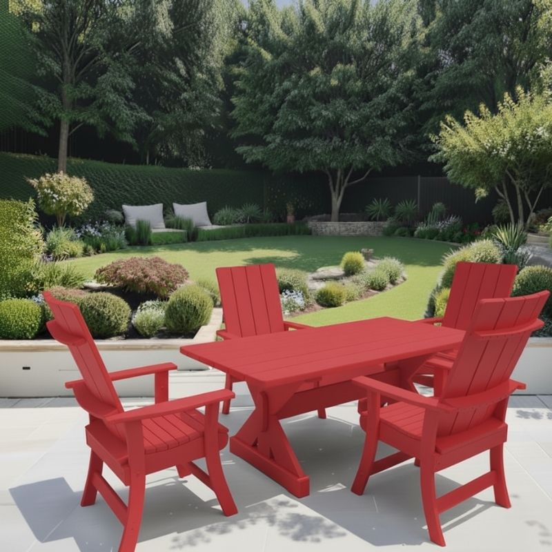 Red variant of Modern Dining Set for 4 with 6' Table in a garden setting