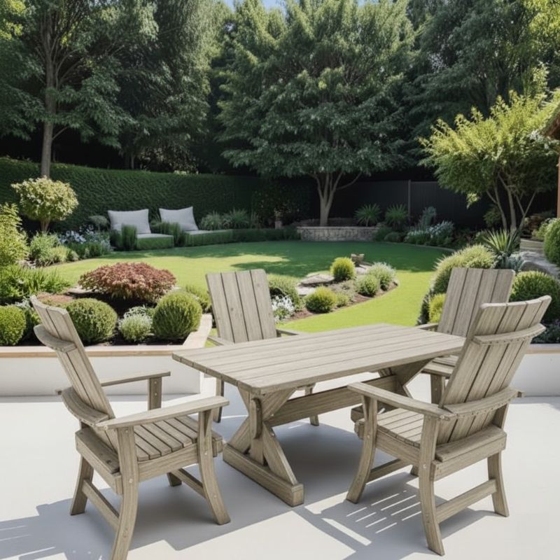 Modern Dining Set for 4 with 6' Table in a garden setting - poly luxe - woodgrain driftwood grey