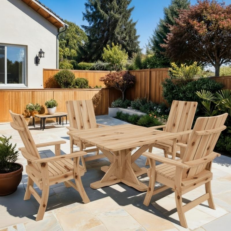 Modern Dining Set for 4 with Pedestal Table on a patio - knotted cedar - unstained