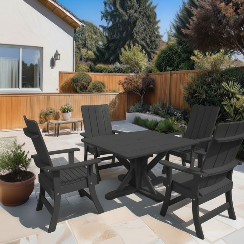 Modern Dining Set for 4 with Pedestal Table on a patio area - poly luxe - dark grey