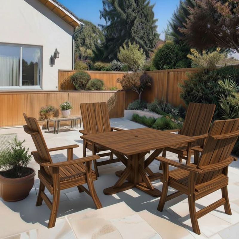 Modern Dining Set for 4 with Pedestal Tableon a sunny day - poly lue - woodgrain brazilian walnut