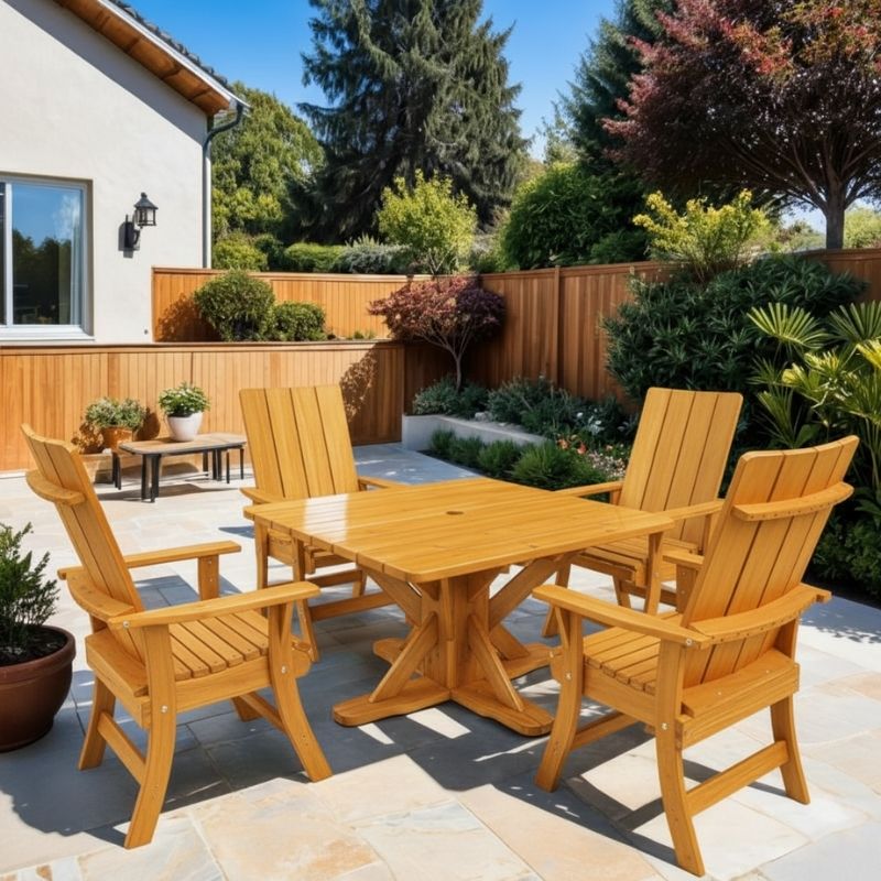 Modern Dining Set for 4 with Pedestal Table on a patio area - clear cedar - golden glossy