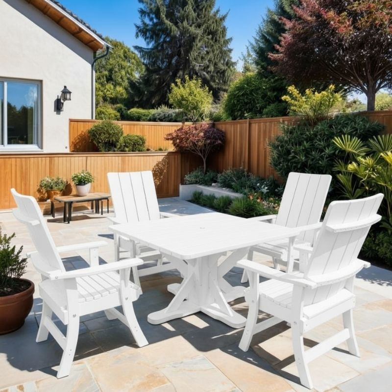 Modern Dining Set for 4 with Pedestal Table on a patio area - poly luxe - white