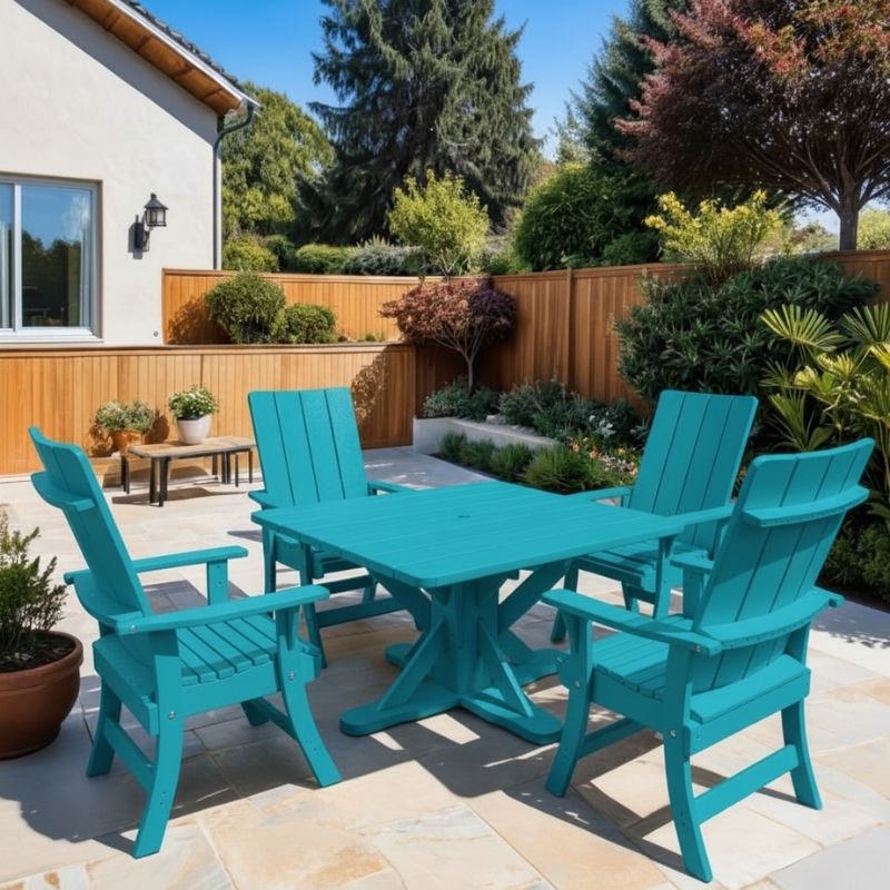 Modern Dining Set for 4 with Pedestal Table on a patio area - poly luxe - aruba blue