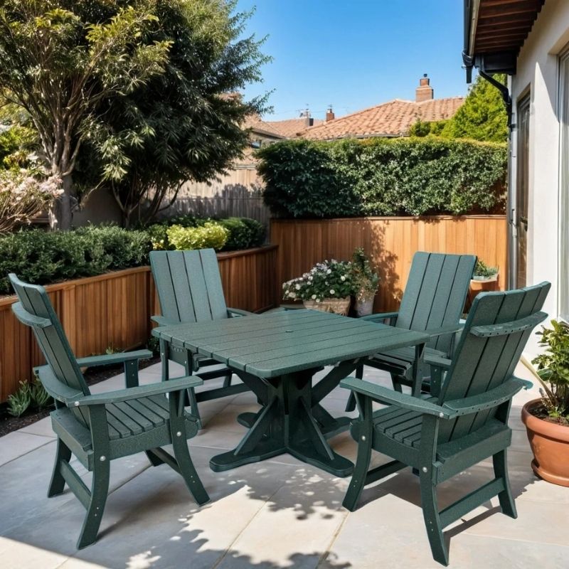 Turf green  Modern Dining Set fir 4 with Pedestal Table in a backyard setting.