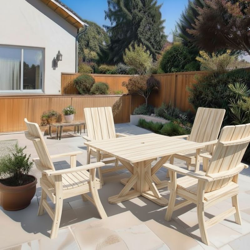 Modern Dining Set for 4 with Pedestal Tableon a sunny day - poly lue - woodgrain birchwood