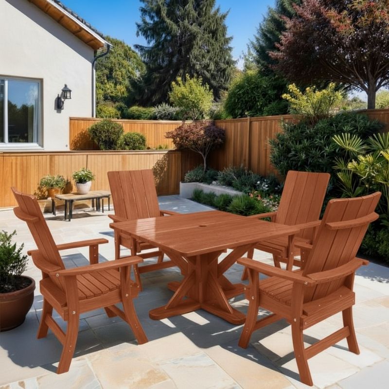 Modern Dining Set for 4 with Pedestal Table on a patio area - clear cedar - caramel glossy