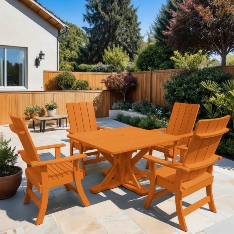 Modern Dining Set for 4 with Pedestal Table on a patio area - poly luxe - orange