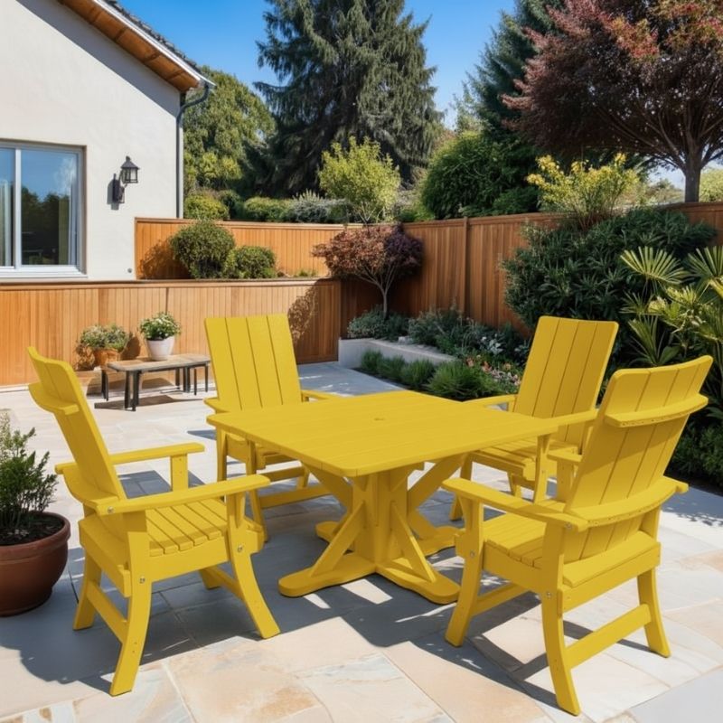 Modern Dining Set for 4 with Pedestal Table on a patio area - poly luxe - yellow
