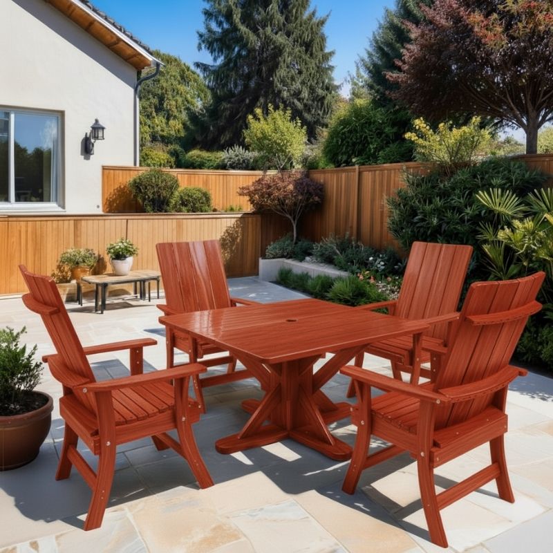 Modern Dining Set for 4 with Pedestal Table on a patio area - clear cedar - mahogany glossy