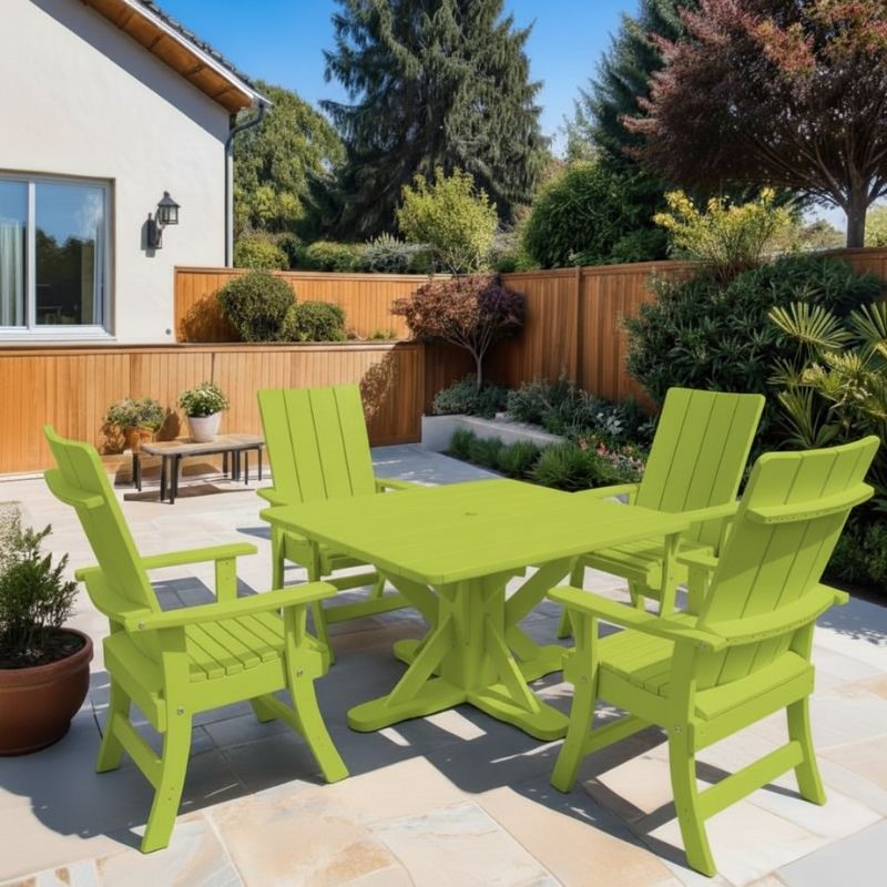 Modern Dining Set for 4 with Pedestal Table on a patio area - poly luxe - lime green