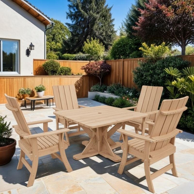 Modern Dining Set for 4 with Pedestal Table on a patio - clear cedar - unstained