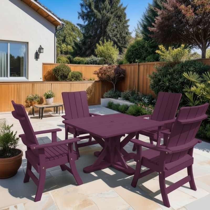 Modern Dining Set for 4 with Pedestal Table on a patio area - poly luxe - purple