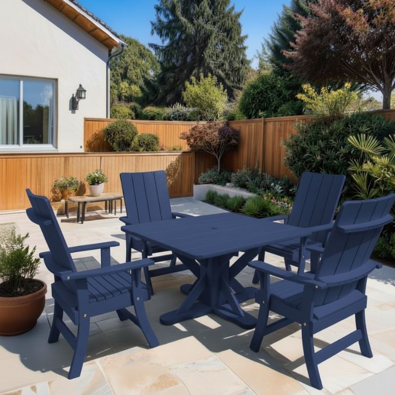 Modern Dining Set for 4 with Pedestal Table on a patio area - poly luxe - blue