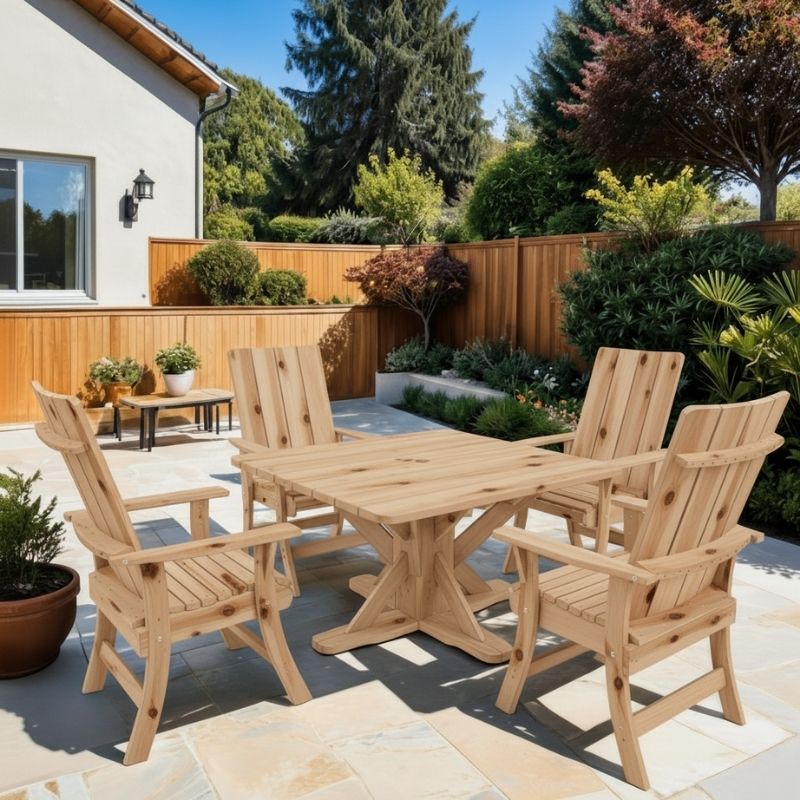 Modern Dining Set for 4 with Pedestal Table on a patio area.