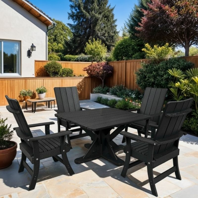 Modern Dining Set for 4 with Pedestal Table on a patio area - poly luxe - black
