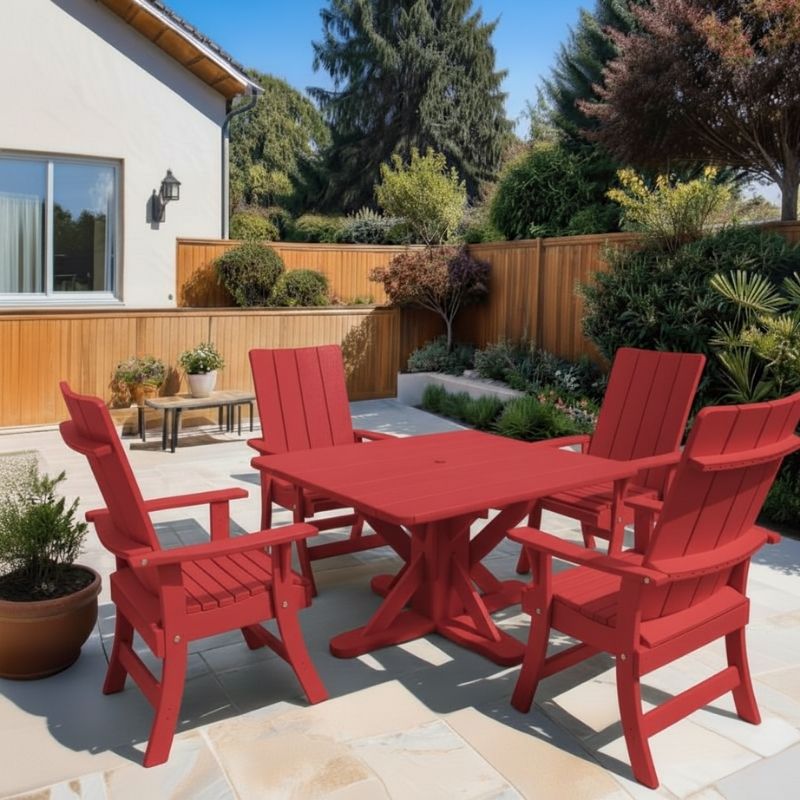 Modern Dining Set for 4 with Pedestal Table on a patio area - poly luxe - red