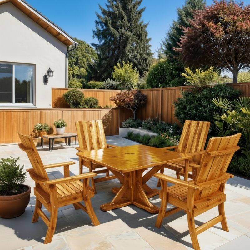 Modern Dining Set for 4 with Pedestal Table on a patio - knotted cedar - golden glossy