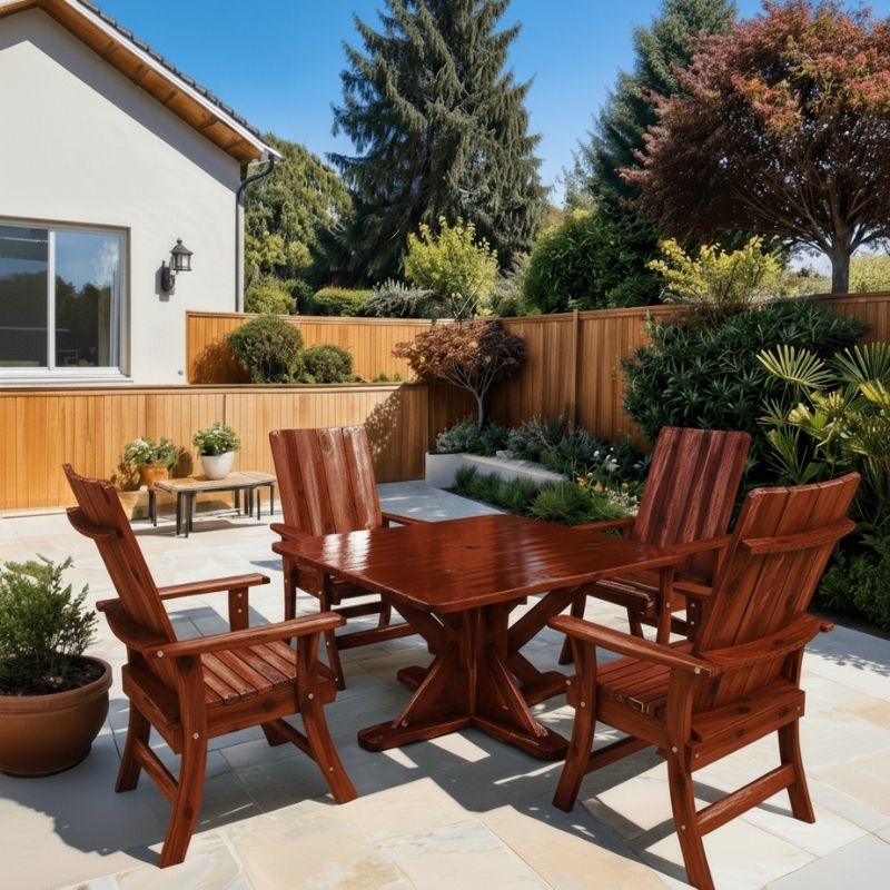 Modern Dining Set for 4 with Pedestal Table on a patio - knotted cedar - mahogany glossy