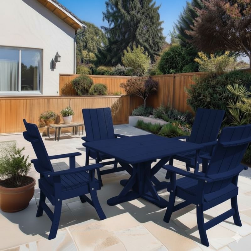 Modern Dining Set for 4 with Pedestal Table on a patio area - poly luxe - patriot blue