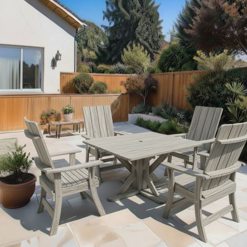 Modern Dining Set for 4 with Pedestal Tableon a sunny day - poly lue - woodgrain driftwood grey