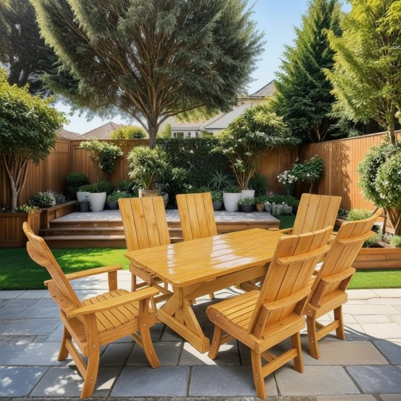 Modern Dining Set for 6 with 5' Table on a patio in a garden setting - knotted cedar - golden glossy