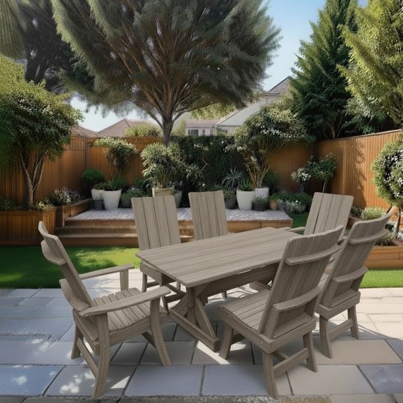 Modern Dining Set for 6 with 5' Table in a garden setting with trees and plants - poly luxe - woodgrain driftwood grey